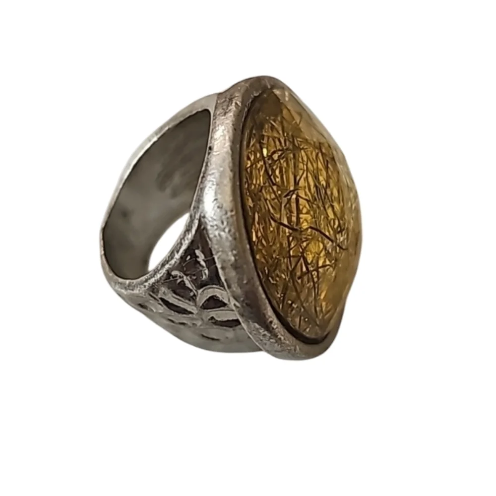 Imitation threaded Agate statement chunky ring in silver tone